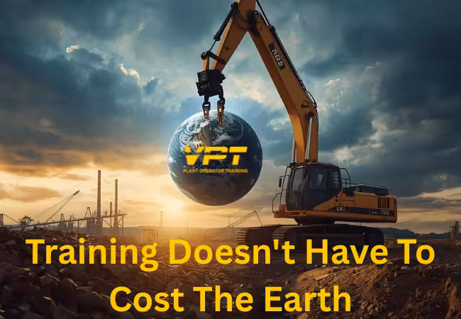 Excavator lifting globe with slogan